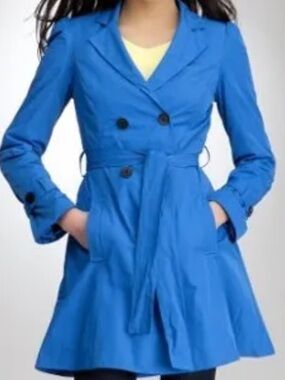 bebe Blue Double-Breasted Trench Coat with Tie Waist  Fit & Flare Lightweight M